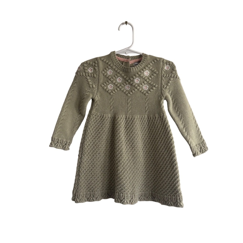 Cupcakes and Cashmere Sage Green Floral Embroidered Knit Sweater Dress 18M